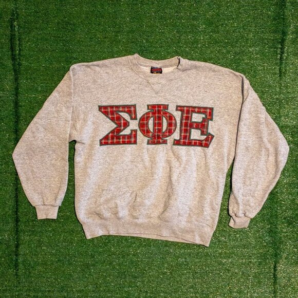 VINTAGE SIGMA PHI EPSILON SWEATER SOFFE FLEECE GRAY PLAID LONG SLEEVE SZ XL Y2K - Picture 5 of 5